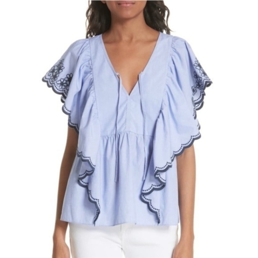 Kate Spade Eyelet Daisy Embroidered Ruffle Short Sleeve Blouse Tie Front Top XS